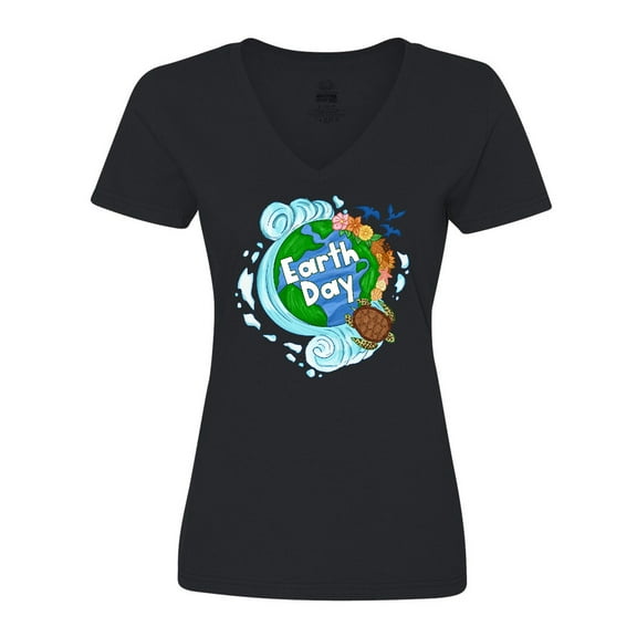 Inktastic Earth Day Turtle Planet with Waves and Birds Women's V-Neck T-Shirt