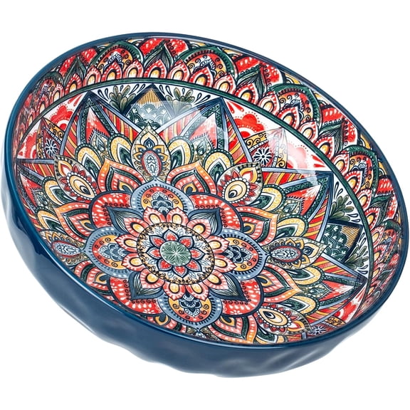 75 Oz Serving Bowls,Bohemian Style Large Porcelain Dishes for Entertaining Parties,Big Bowls for Eating Soup, Salad, Pasta, Fruit, , 10.3 Inch Diameter (blue)