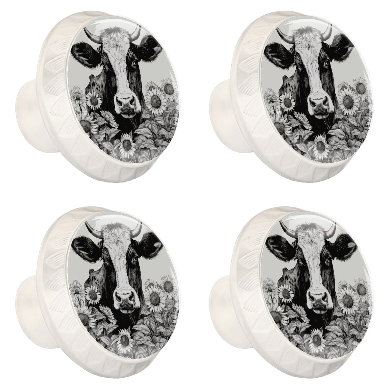 4 Pcs Cow and Sunflower Knobs for Kitchen Cabinet Cupboard Dresser Bookcase Drawer Pulls Handles Round Home Decor