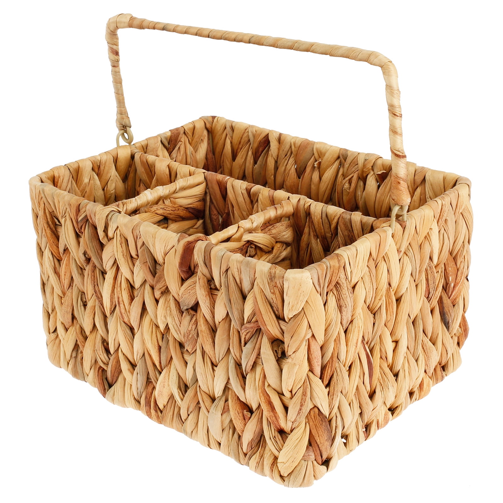 NUAHRHY Woven Utensil Caddy with 4 Compartments and Handle Natural Utensil Basket Stable Utensil Holder Multifunctional Utensil and Napkin Holder for Plates and Utensils