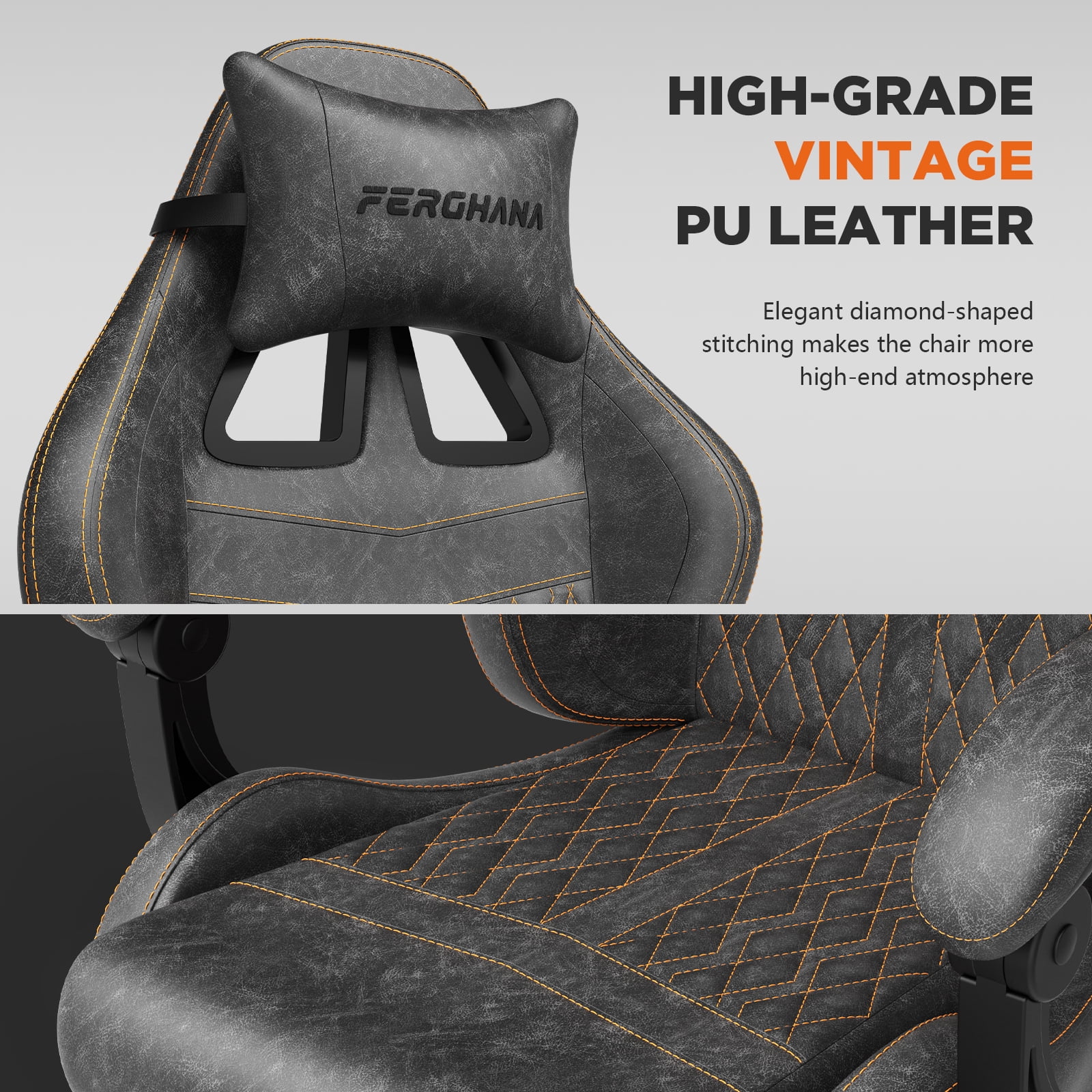 Luxvie Gaming Chair with Footrest Computer Ergonomic Office Chair with Massage Lumbar Support & Headrest, High Back Vintage Game Chair for Adults and Kids, Gray