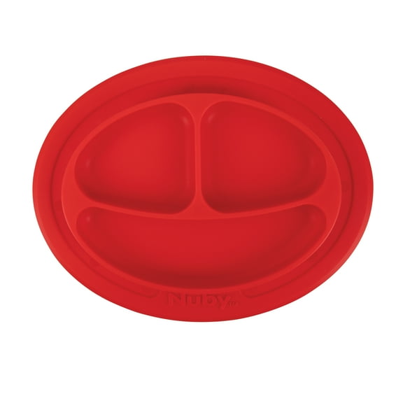 Nuby Sure Grip Silicone Miracle Mat 3-Section Oval Plate, Red