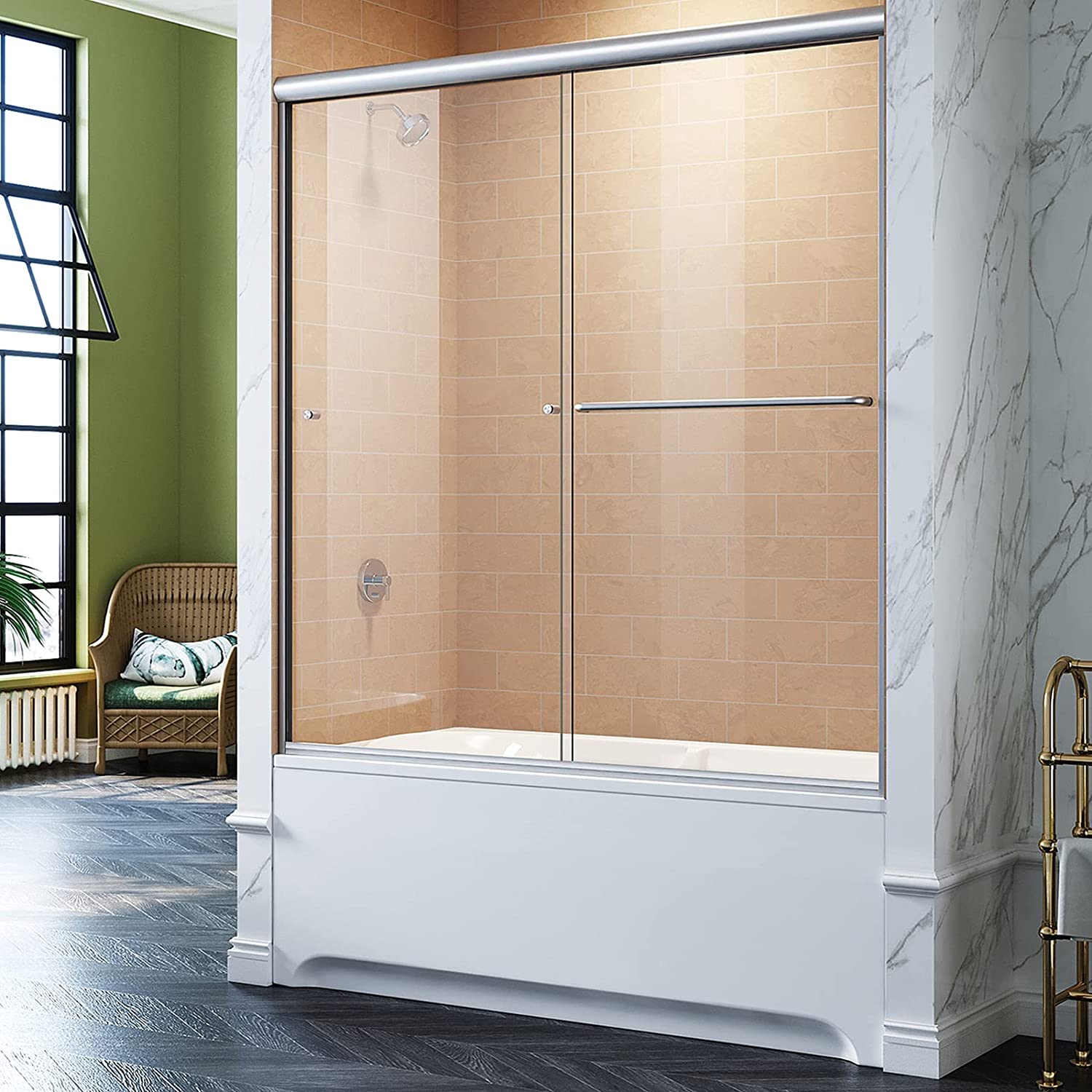 SUNNY SHOWER Bathtub Door 60" W x 57.4" H Bathtub Glass Sliding Shower Tub Door 1/4" Clear Glass