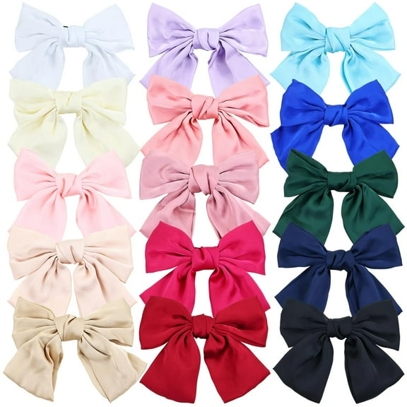 15 Colors Pack 8 Inch Large Big Oversized Knot Bowknot Satin Hair Bows French Barrette Hair Clips Bun Ponytail Holder White Red Blue Green Black Hair Bow Ribbon Hair Accessories for Women Girls