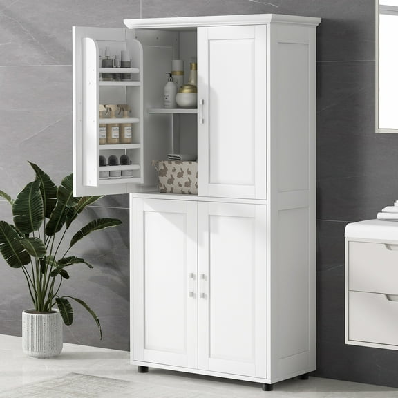 Harper & Bright Designs White Bathroom Storage Cabinet with Doors, Modern Freestanding Bathroom Cabinet with Adjustable Shelf