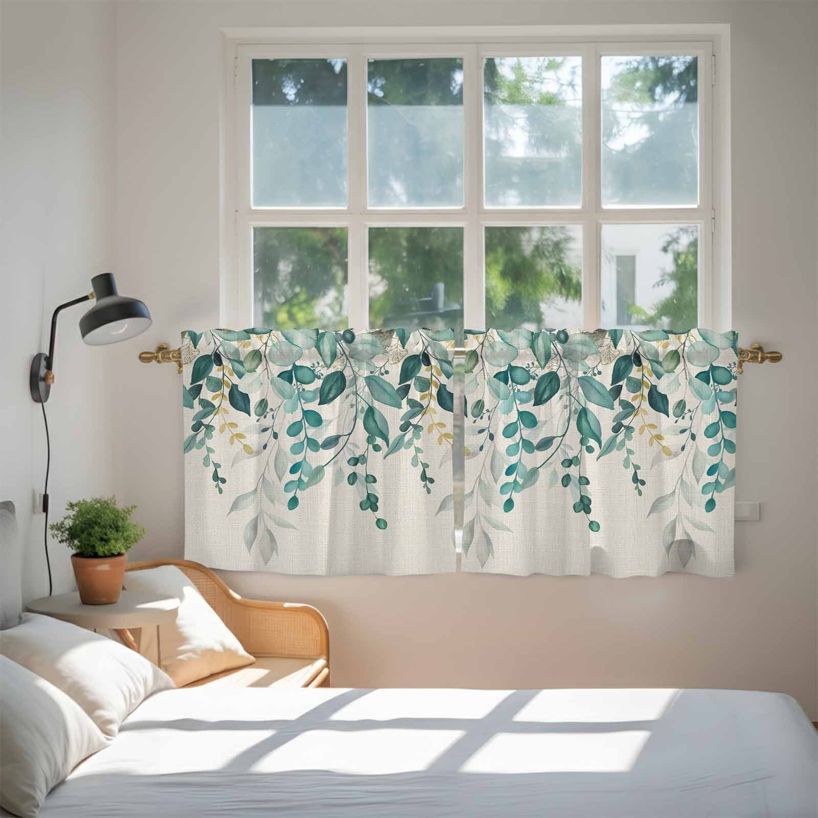 Teal Green Eucalyptus Tier Curtains 36 Inch Length, Farmhouse Weeping Leaves Linen Cafe Short Curtains for Bathroom Over Sink, Small Kitchen Curtain Light Filtering Tiered Drapes 2 Panels 27.5"Wx36"L