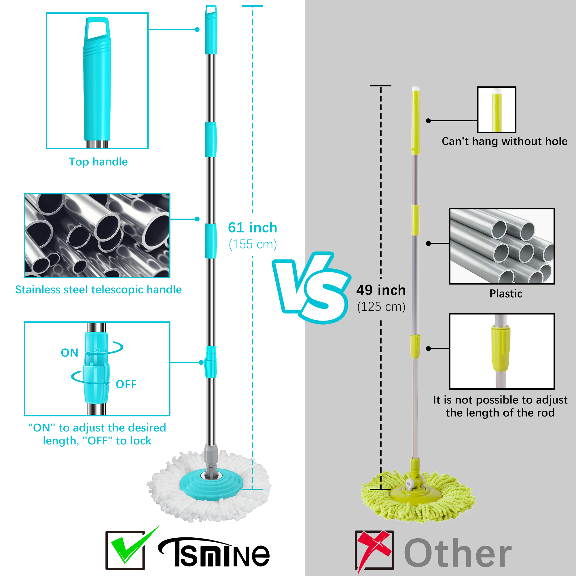 Spin Mop Bucket System Stainless Steel , Tsmine Spinning Mop Bucket Floor Cleaning System with 6 Microfiber Replacement Head Refills,61"Extended Handle, 2x Wheel for Home Cleaning - MINT
