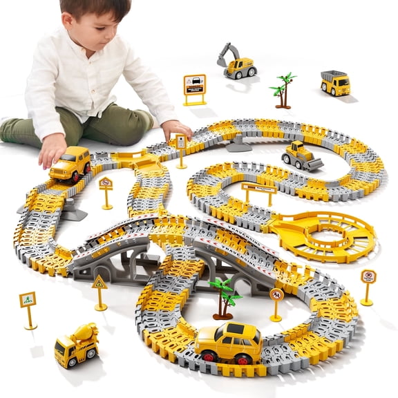 MAVOLIO Construction Race Car Track Toys for Boys 3-6, 200PCS Flexible Toddler Race Tracks with 2 Electric Cars & 4 Construction Trucks, Birthday Gift Toys for Kids 2 3 4 5 6 
