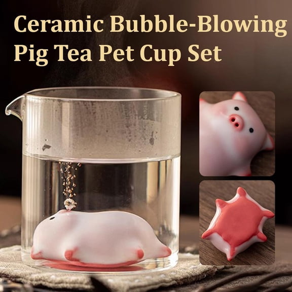 QHUDLV Ceramic Bubble-Blowing Pig Tea Pet Cup Set - Creative Cartoon Pig Mug High-Temperature Resistant, Handmade Ornamental & Interactive Tea Cup for Home/Office/Tea House Ideal Gift & Collection