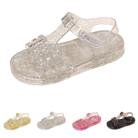 SGFCWSX Girls Jelly Sandals Glitter Open Toe Flat Soft Sole Adjustable Ankle Strap Summer Beach Casual Sandals White Size 11 Little Kids