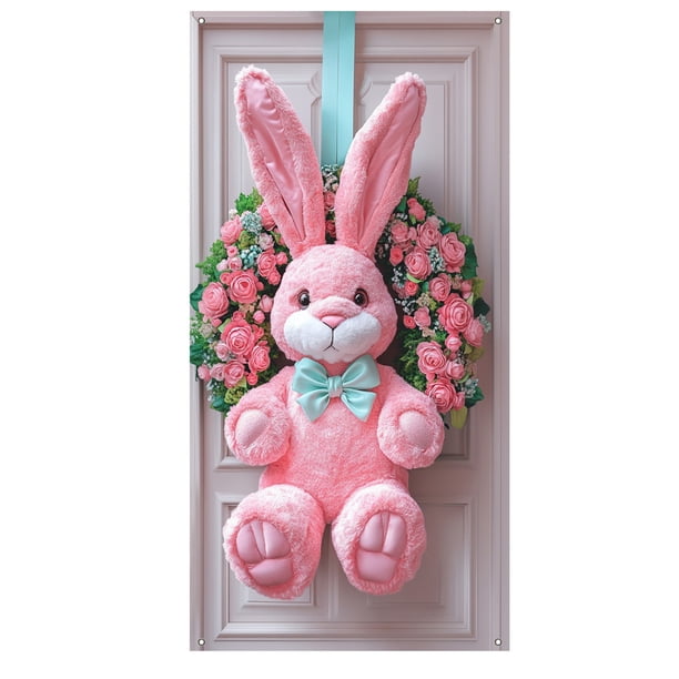 Cubierta de puerta de bienvenida de conejo, decoración de fondo de puerta de Feliz Pascua rosa, letrero de bienvenida para puerta de entrada de Pascua para recuerdos de fiesta de Feliz Pascua