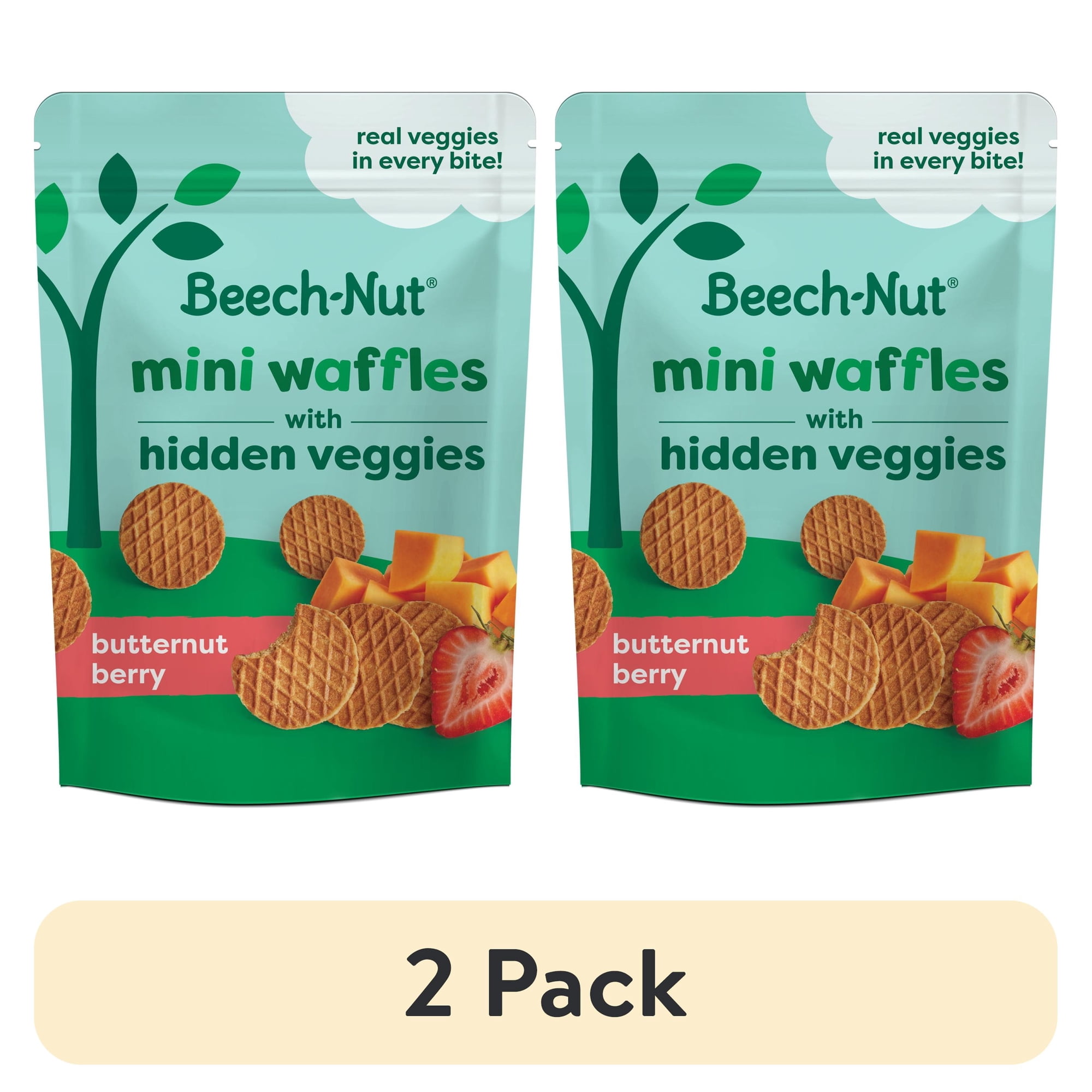 (2 pack) Beech-Nut Mini Waffles with Hidden Veggies Toddler Snack, Butternut Berry, 3.2 oz Bag