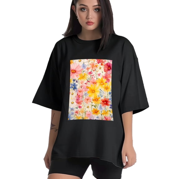 Plus Size Shirt for Women Black Tops for Women Short Sleeves Shirt for Women Flowers T Shirt Crewneck Shirt for Women XS