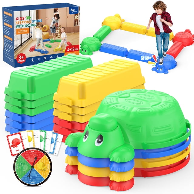 16 Pcs Balance Beam and Stepping Stones for Kids - 4 Turtle Shape Stepping Stones and 12 Connectable Beams with Sound Feature,Color Spinner, Riddle C