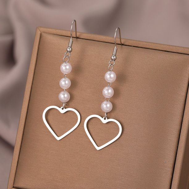 Pendientes De Acero Inoxidable Romántico Exquisito Corazón Colgante Blanco Imitación Perla Moda Para Las Mujeres Regalos De Joyería