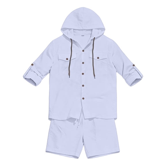 IWRICH Men's 2 Piece Linen Set Casual Long Sleeve Button down Hoodie Shirts and Shorts Sets Fashion Summer Beach Outfits White XL