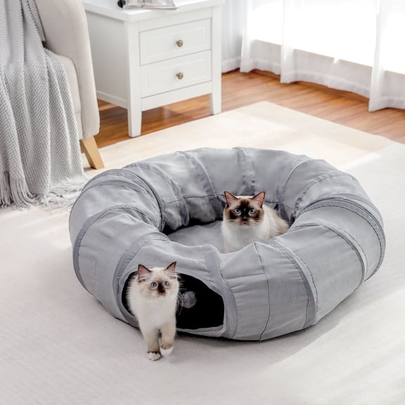 PAWZRoad Cat Tunnel with Soft Cushion 2-in-1 Collapsible Hideaway Round Shape,Gray