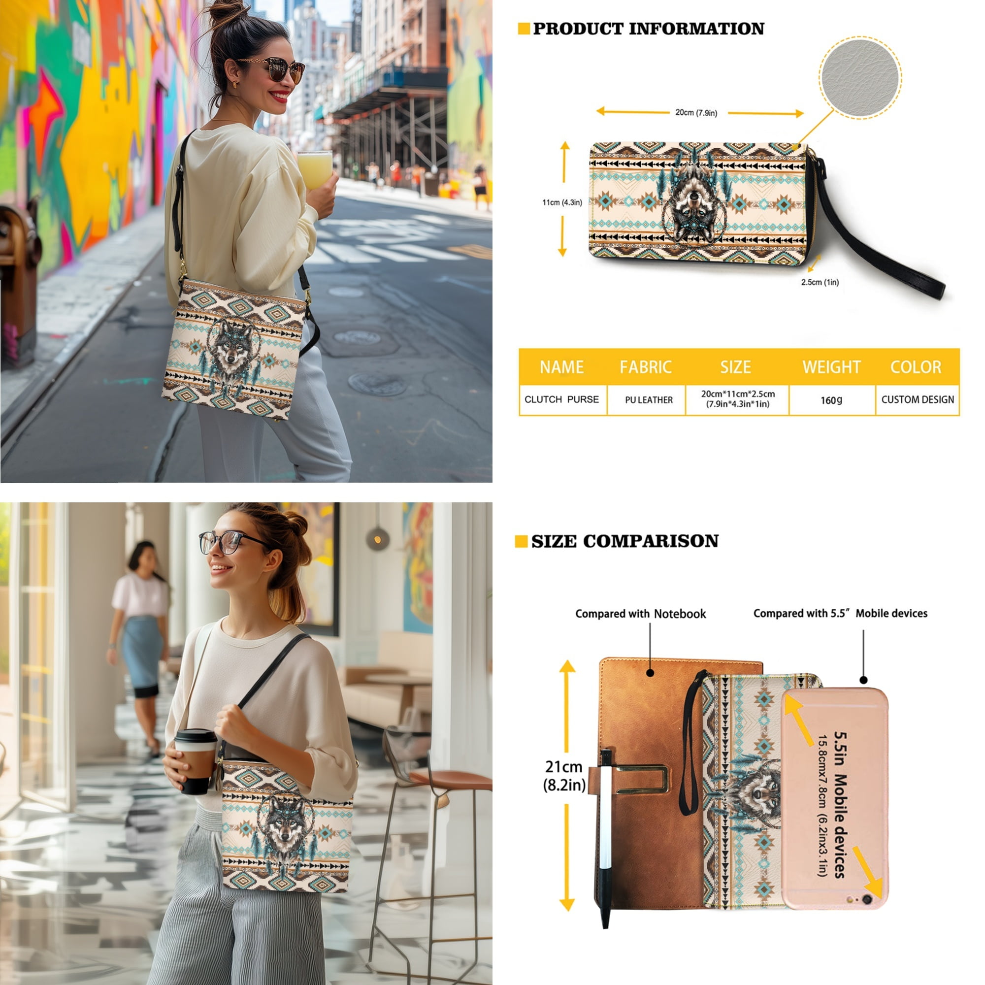 ZUXONGSY Aztec Wolf Dreamcatcher Print Crossbody Handbag with Leather Wallet for Women Casual Leather Crossbody Handbag with Wrist Wallet Trendy 2 Pcs Bucket Purse Set for Workout