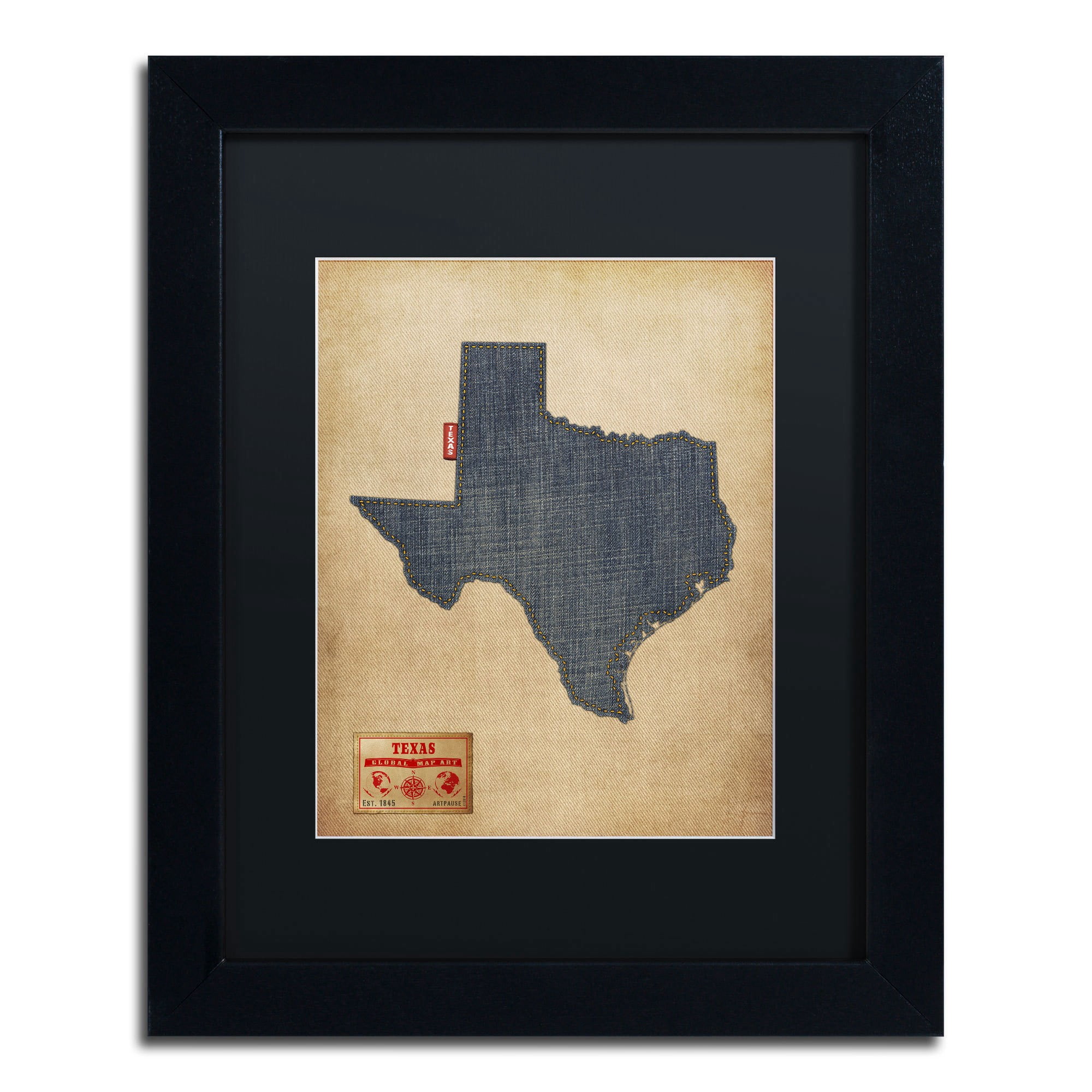 Trademark Fine Art "Texas Map Denim Jeans Style" Canvas Art by Michael Tompsett, Black Matte, Black Frame