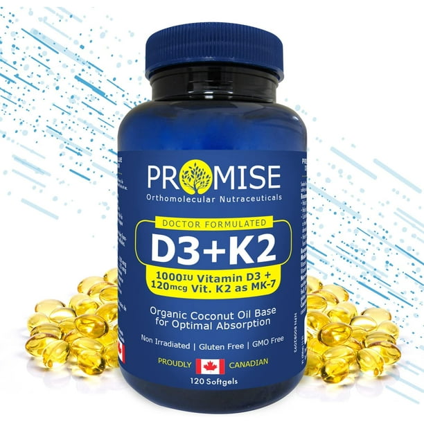 Promise Vitamin D3+K2 MK7 with Organic Coconut Oil; 120 Soft Gels