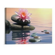 Creowell Buddhist Canvas Wall Art Zen Stone Lotus Sunrise Realistic Landscape Relax Calm Poster Canvas Prints Modern Office Living Room Kitchen Bathroom Gift Decor Wall Art (framed,20x16 Inch)