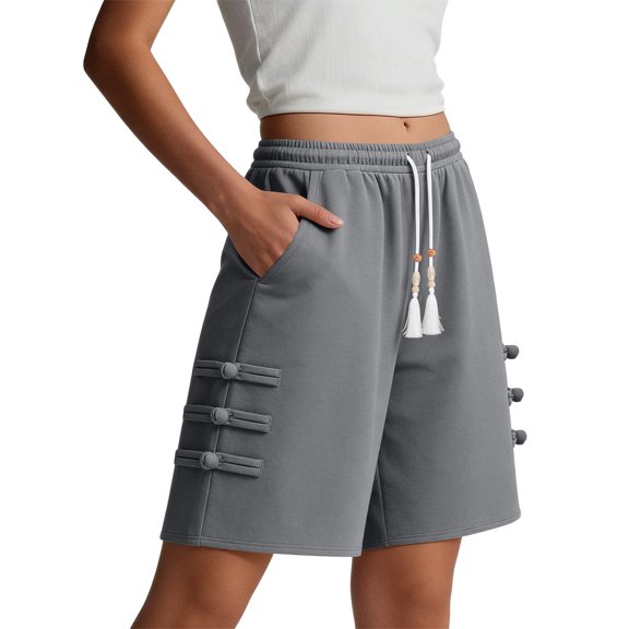 Cagogo Women Elastic Waist Casual Shorts with Pockets Loose Bermuda Pants Summer Solid Basic Travel Shorts for Women Lounge Beach Hiking Clothes, Gray L