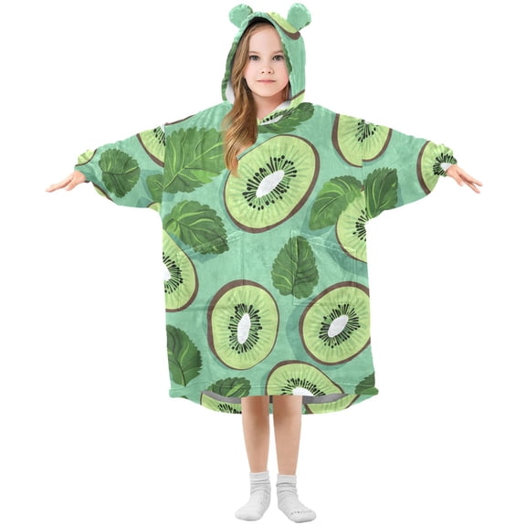 Mint Leaves Kiwi Fruit Flannel Wearable Blankets Hooded Design Long Sleeves Wrap Unisex for 3T-14Y S