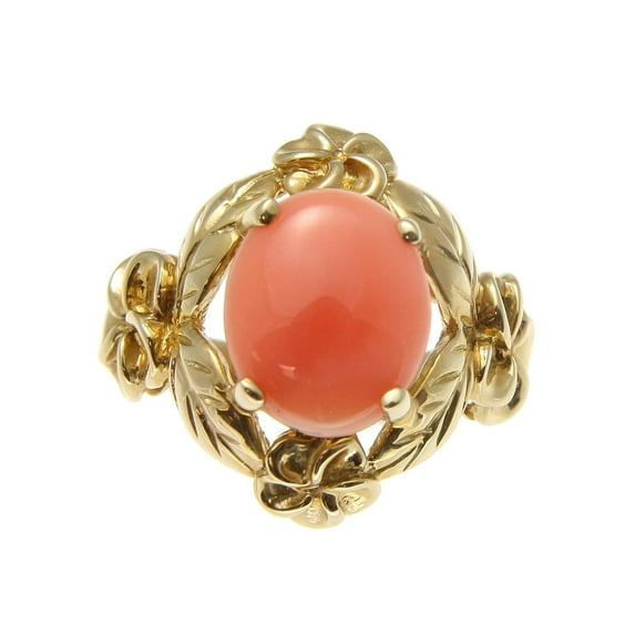 Genuine natural pink coral ring Hawaiian plumeria flower maile 14k yellow gold size 11.5