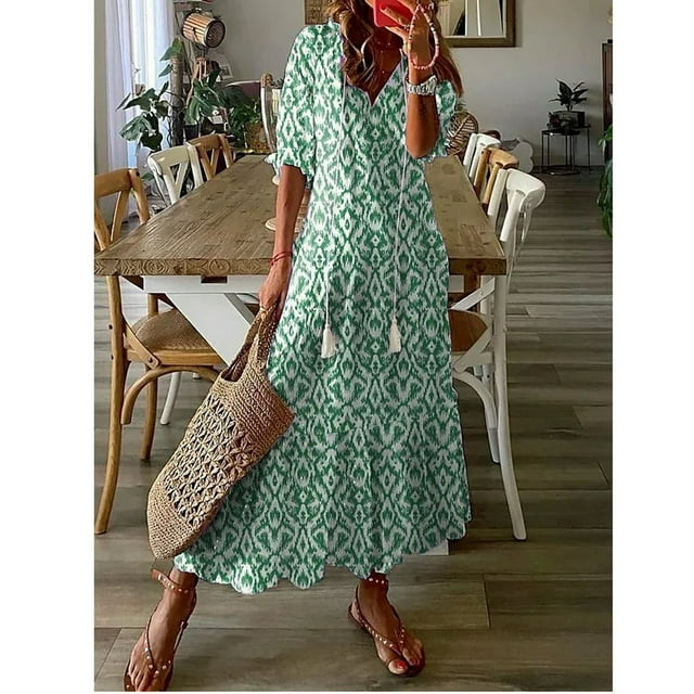Usmixi Robes Formelles pour Femmes Longueur Coude Col en V Imprimé Géométrique Robes Maxi d'Été avec Franges Ample Fluide Évasée Tunique de Plage Robe Bleu G jusqu'à 65 % de Rabais