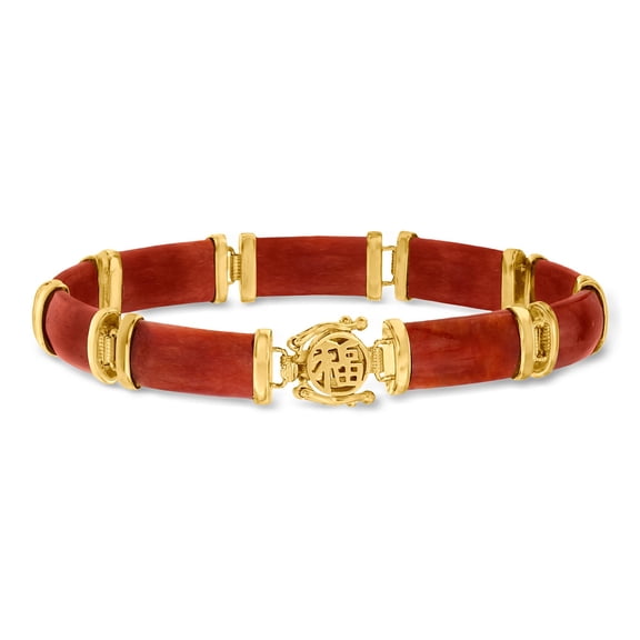 Ross-Simons Red Jade "Good Fortune" Bracelet in 18kt Gold Over Sterling, Women's, Adult