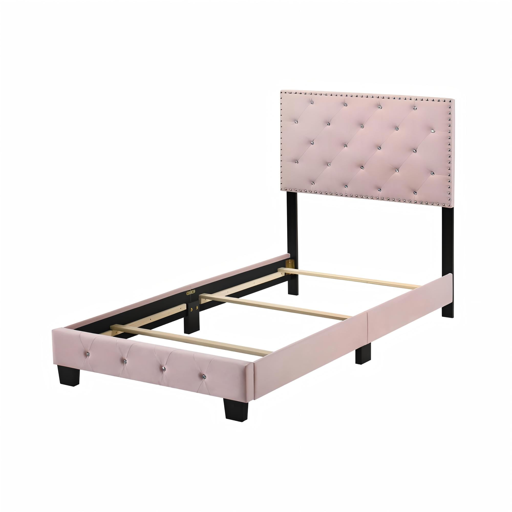 Noble House Casual Velvet Twin Bed for Kids with Tufted Headboard, Wood Supports, Pink