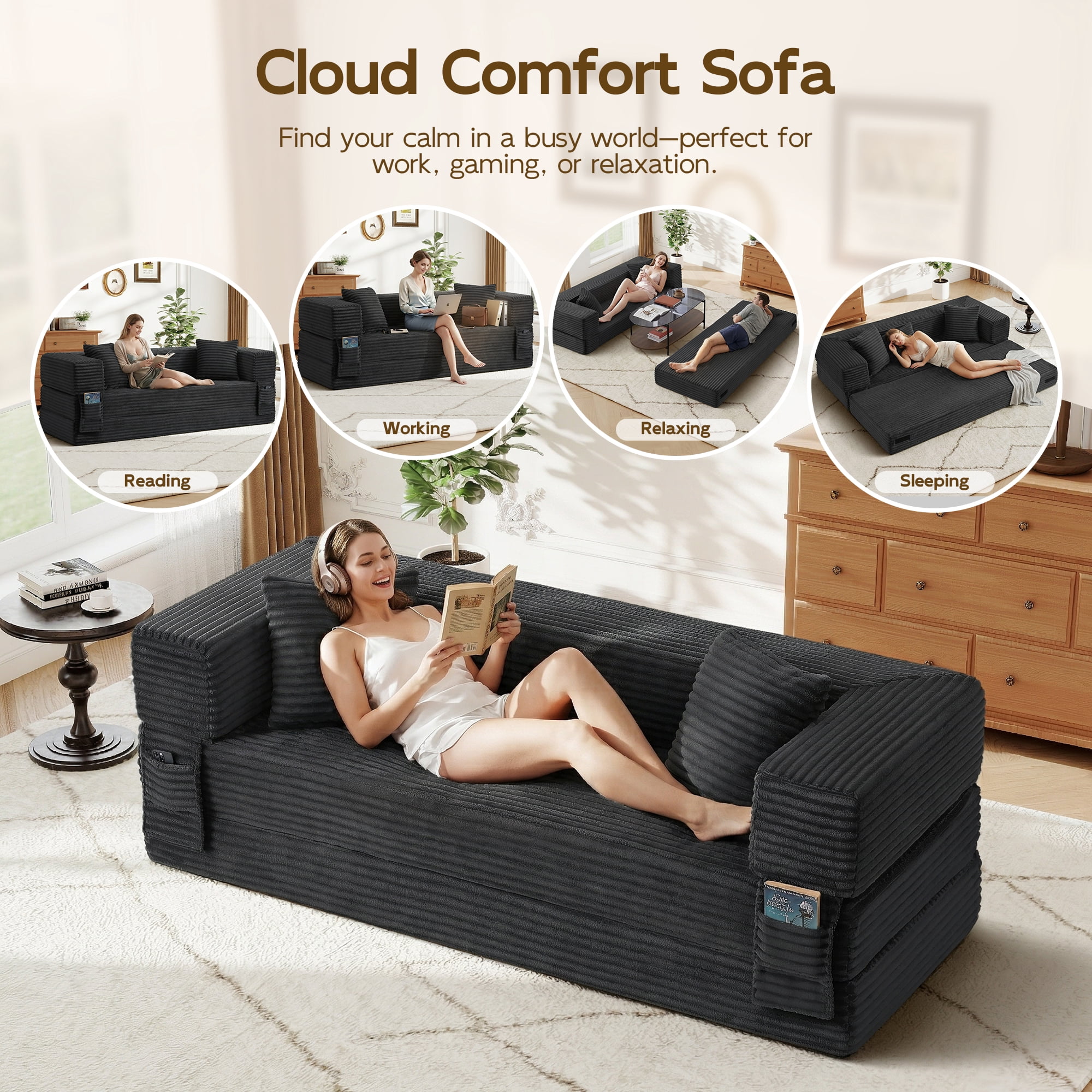 Aukfa 78.7" Corduroy Convertible Sofa Bed, Boneless Sleeper Sofa Couch for Living Room Apartment,Dark Gray