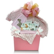 Panier cadeau pour bébé fille A Little Love avec grenouillère en coton, couverture à emmailloter, bonnet, chaussettes, mitaines anti-rayures et débarbouillettes