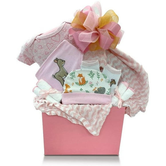 Un Panier-Cadeau Petit Amour Bébé Fille avec une Combinaison en Coton, une Couverture Emmaillotante, un Chapeau, des Chaussettes, des Mitaines Anti-Rayures et des Gants de Toilette