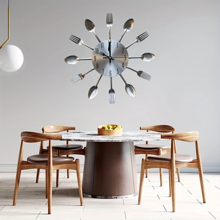 Kitchen Hanging Clock, Modern Creative Kitchen Tableware Hanging Clock with Fork and Spoon, Suitable for Home Decoration, Silvery 12 Inches Without Battery, Installation Nails Included