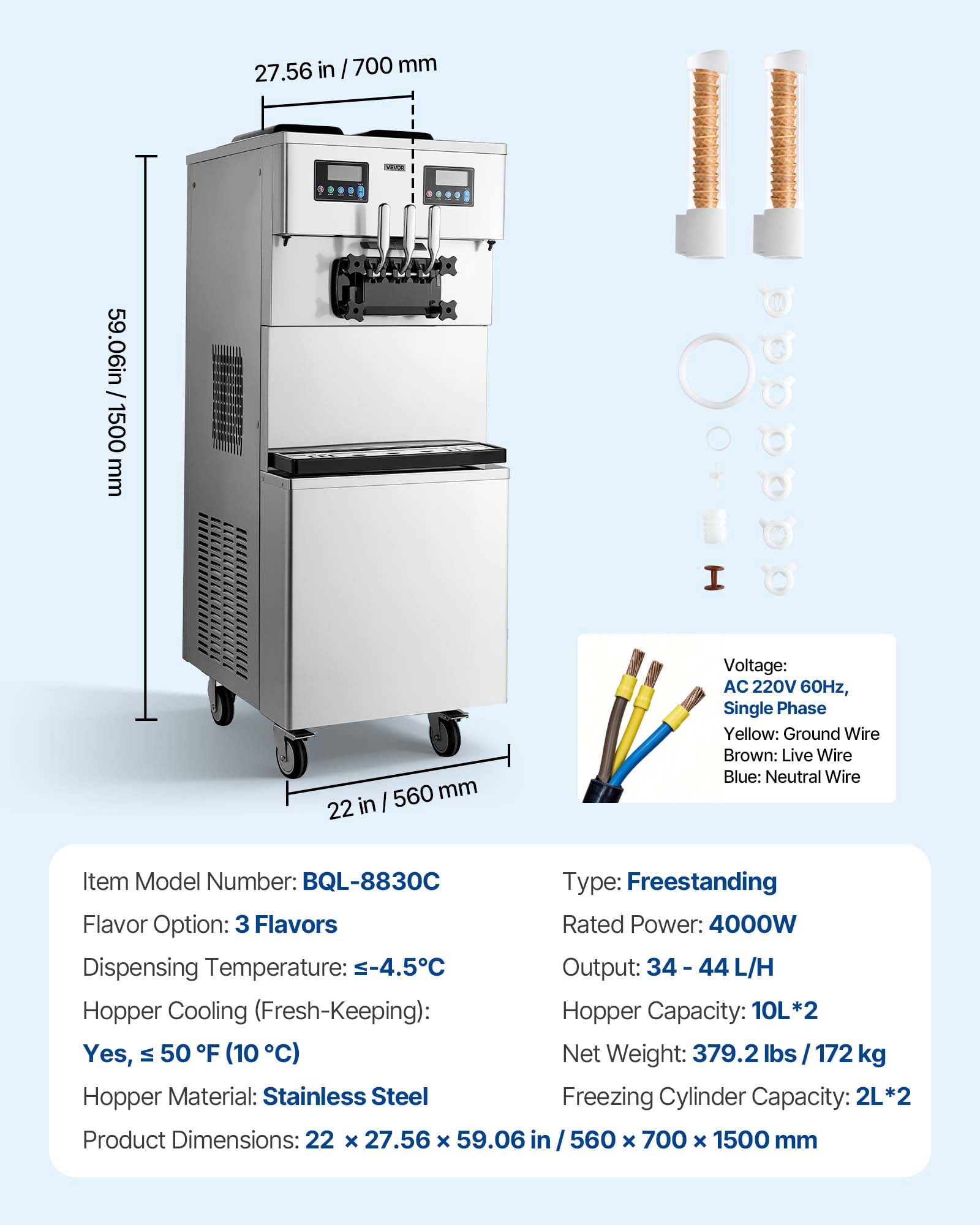 VEVOR Commercial Ice Cream Machine, 34-44L/H Yield, Dual-Compressor Freestanding Soft Serve Ice Cream Maker with 2*10L Hoppers & 3 Flavors, Pre-Cooling Puffing Low-Mix Alert for Snack Dessert Shops