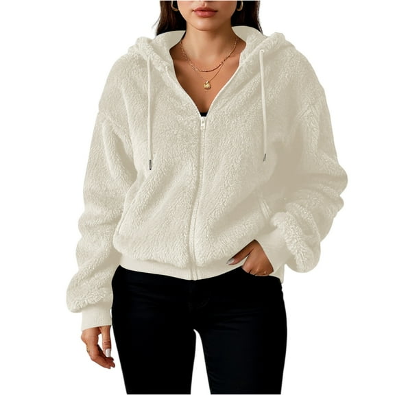 CharmCyan Women's Loose Winter Long Sleeve Cardigan Zipper Solid Color Plush Jacket Beige L