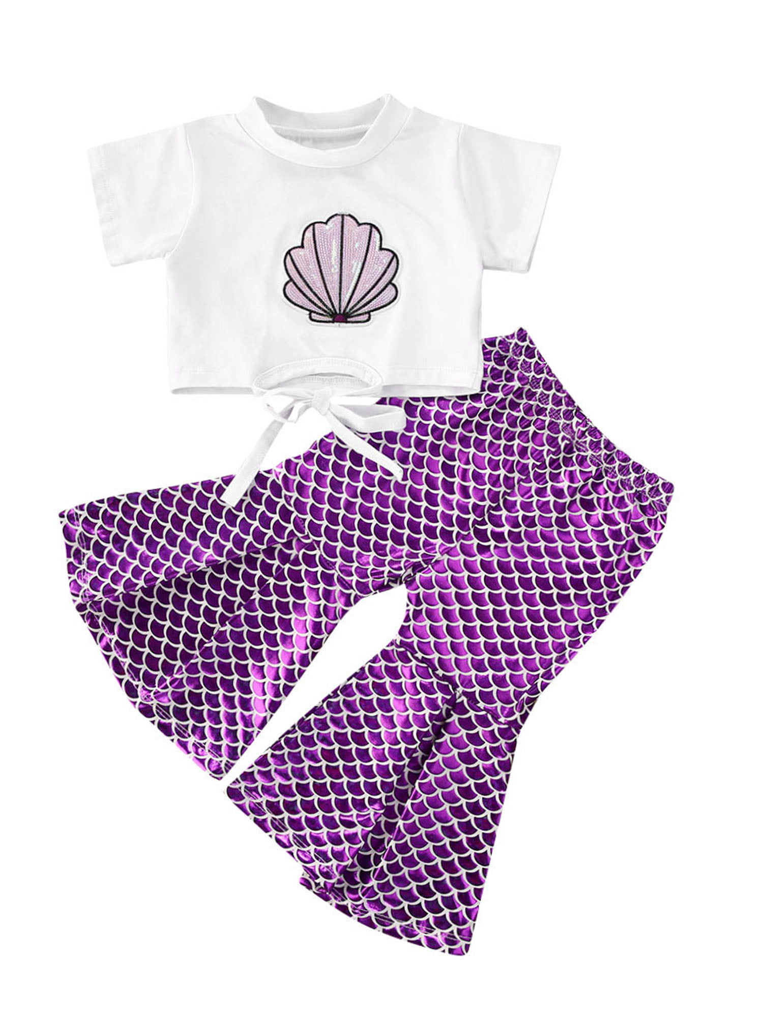 3Pcs Toddler Girls Sleeveless Shell Print Tops+Fish Scales Pant+Headbands Sets Outfits