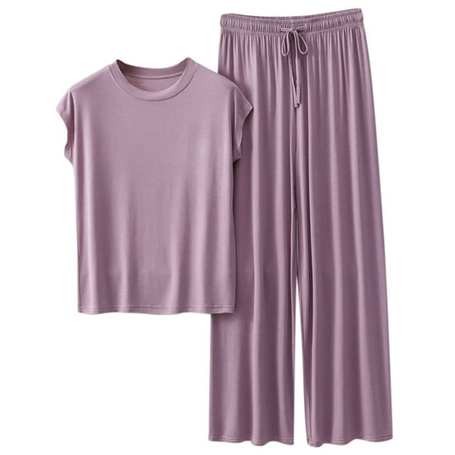 Women Homewear Solid Color Loose Pajamas Short Sleeve T Shirt Drawstring Wide Leg Pants Sleepwear 2 Piece Set