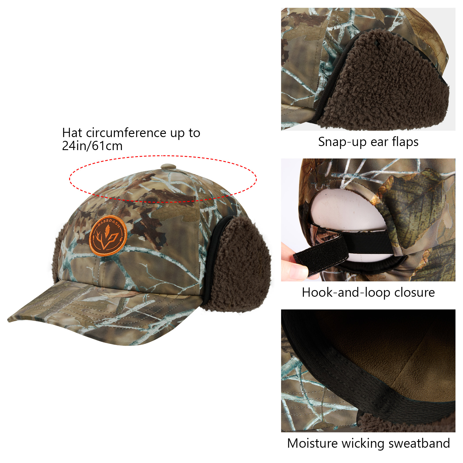 BASSDASH Warm Fleece Lined Hat with Ear Flap Winter Water Resistant Windproof Baseball Sports Cap for Hunting Hiking Fishing