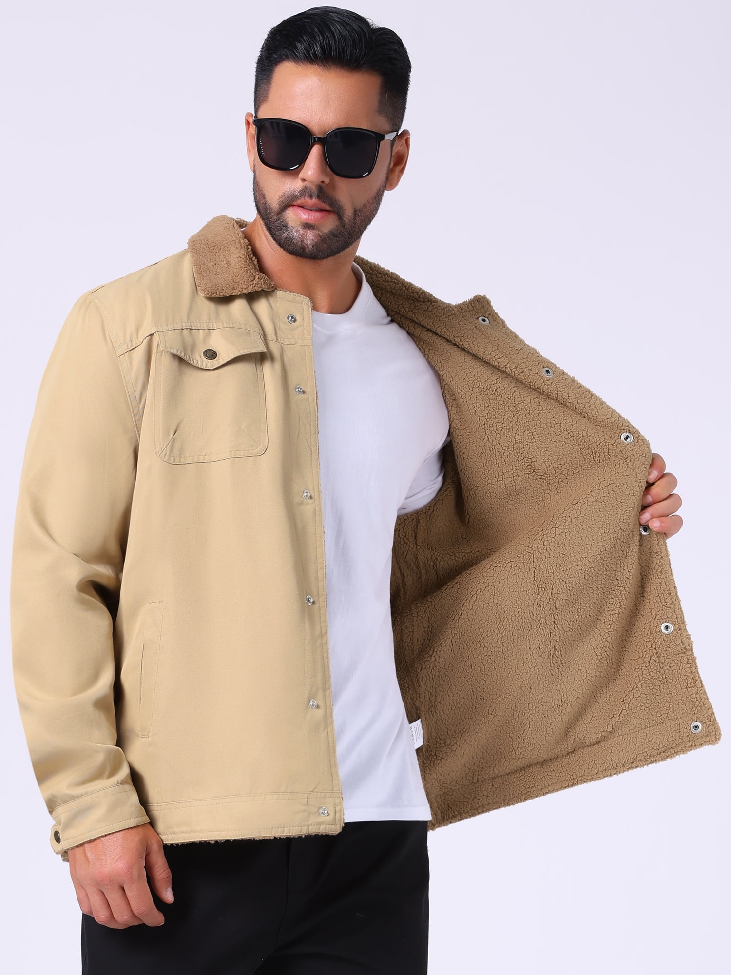 DARING DIVA Collared Button Front Fleece Lining Cargo Trucker Jacket S Light Khaki