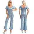 thumbnail image 3 of Choomomo Women's Shiny Metallic Bell-Bottom Dance Jumpsuit Casual Playsuit Retro Disco Party Outfits Blue 160, 3 of 4