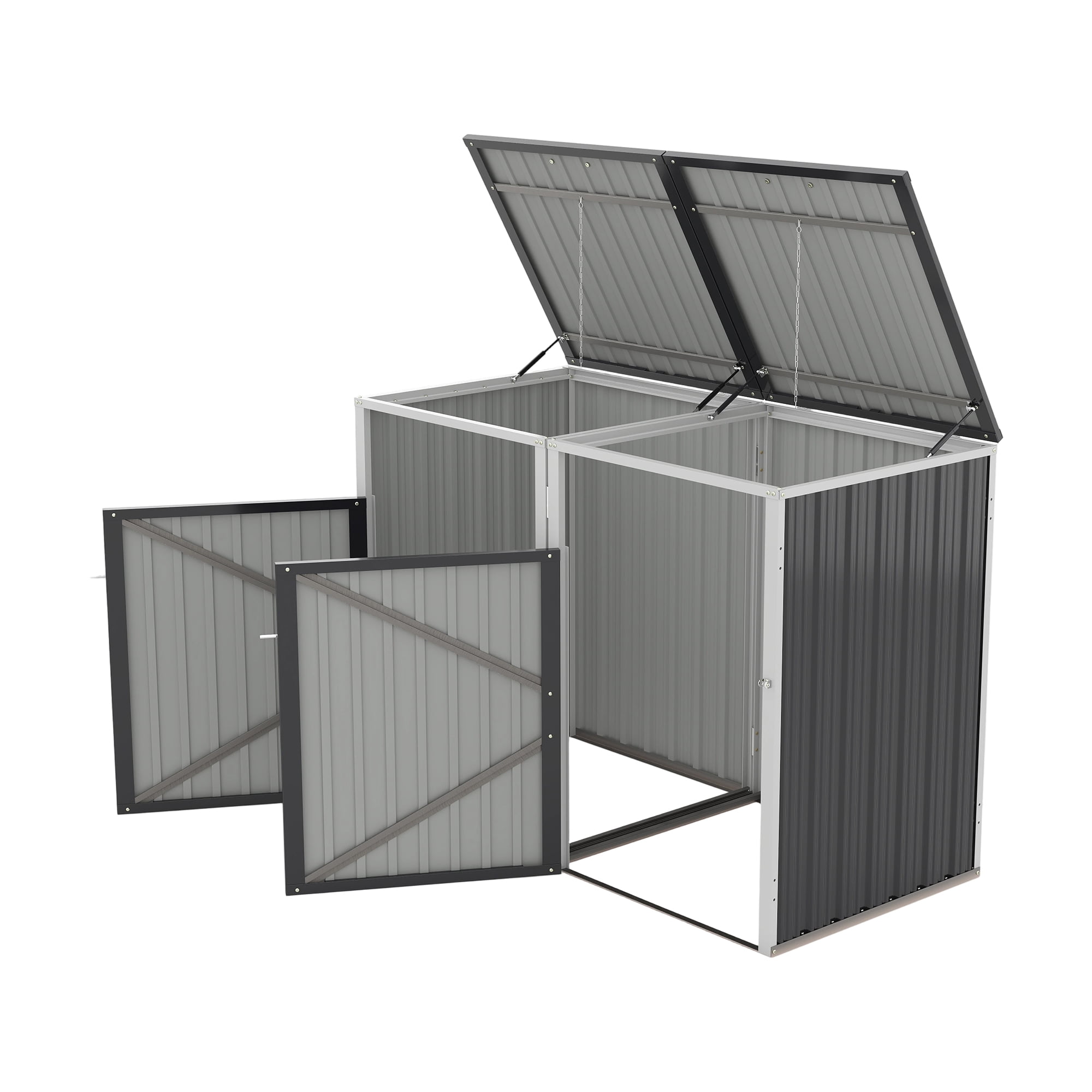 Aukfa 5.3 FT x 4 FT Outdoor Horizontal Garbage Bin Shed for 2 Trash Cans, Metal Trash Can Storage Shed with Lid Lift Chains & Hydraulic Support for Backyard Garden Lawn, Dark Gray