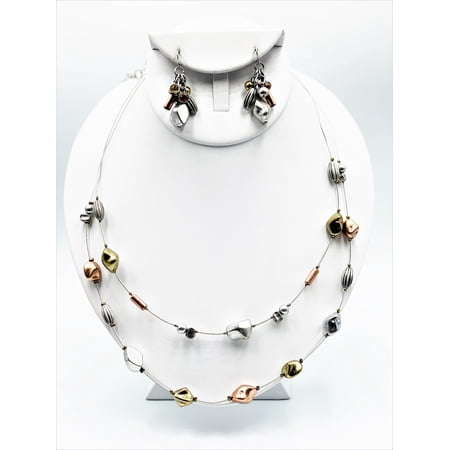 Silver gold rose wire beaded pierced necklace & earring set