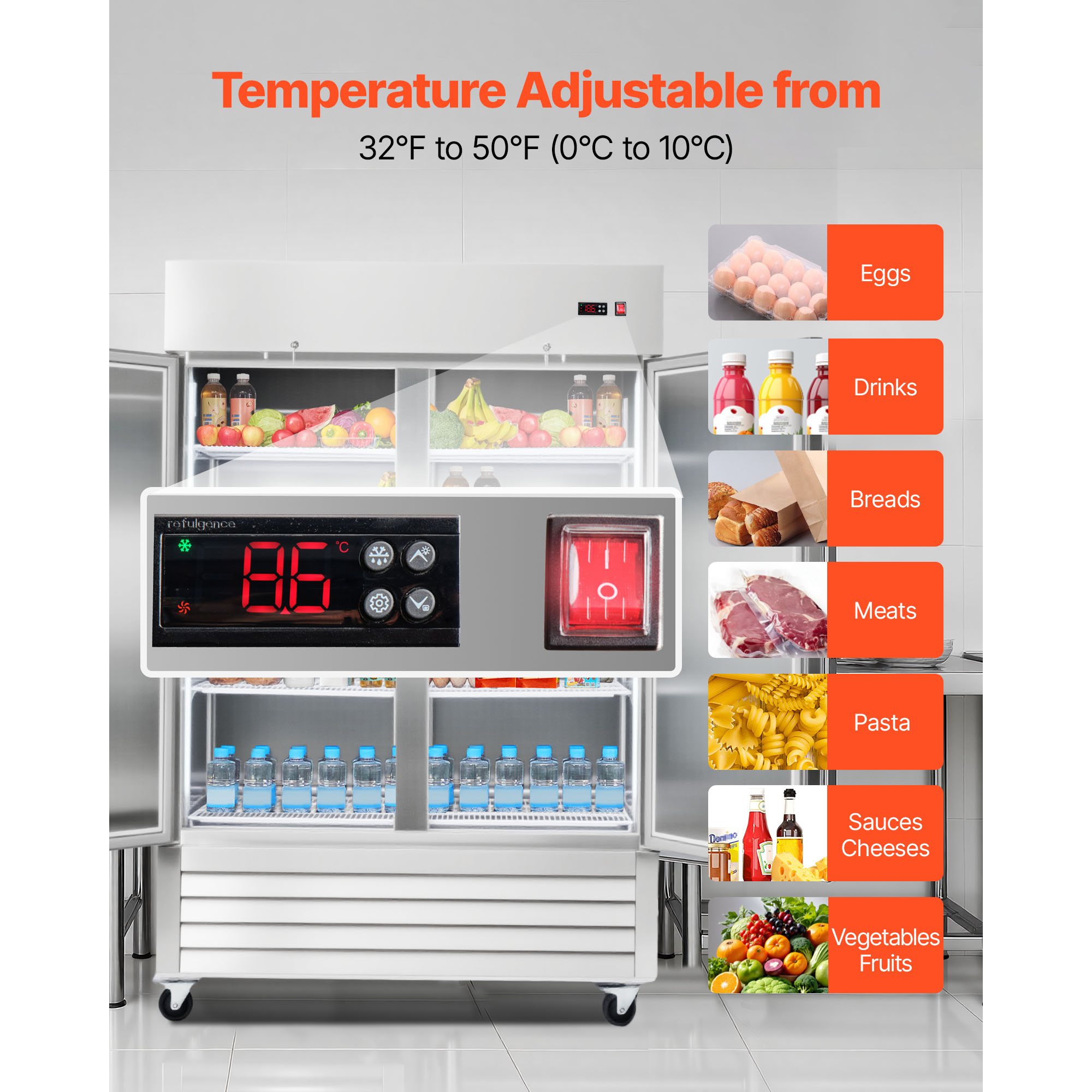 KFFKFF Commercial Stainless Steel Double-Door Refrigerator, 54" Wide, 44 Cu.Ft Capacity, Adjustable Temperature Range 32-50℉, Auto-Defrost with 8 Shelves, ETL Certified