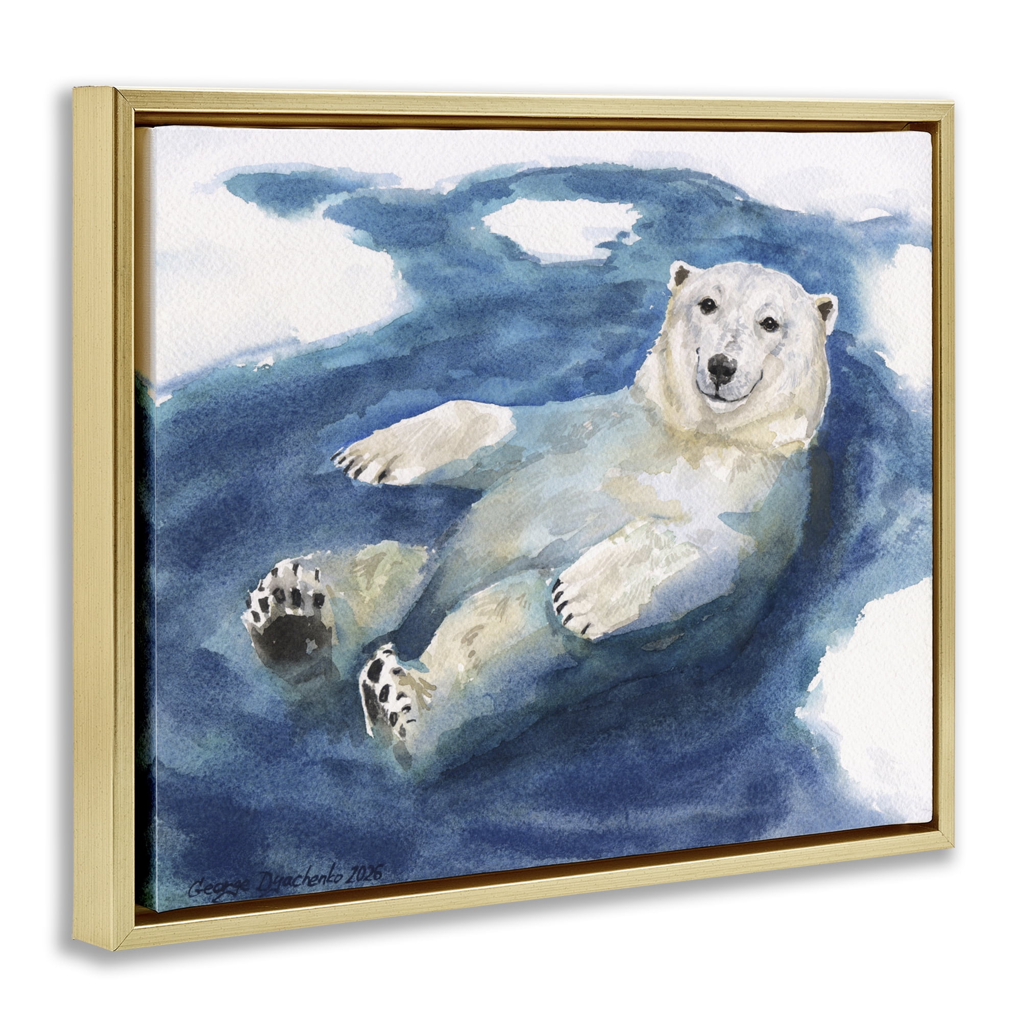 Stupell Industries Polar Bear Icy Bath Time Gold Framed Floater Canvas Wall Art, design by George Dyachenko