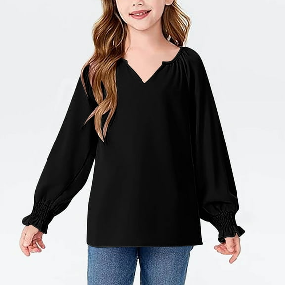 TFEOQRY Children Girls' Fashion Puff Sleeve V-Neck Blouses Solid Color Loose Long Sleeve Shirt Pullover Tops Black