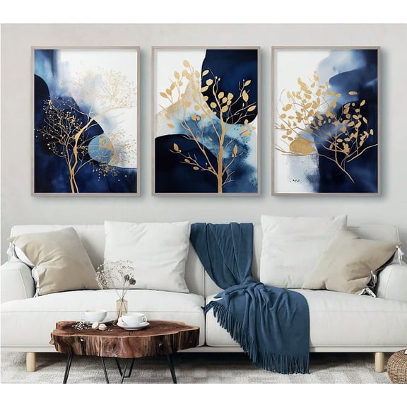 Navy Gold Abstract Shape Wall Art Set 3 Unframed Paper Print 8x12