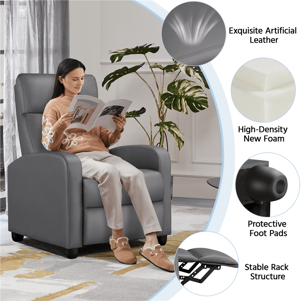 Alden Design Faux Leather Push Back Theater Recliner Chair with Footrest, Gray