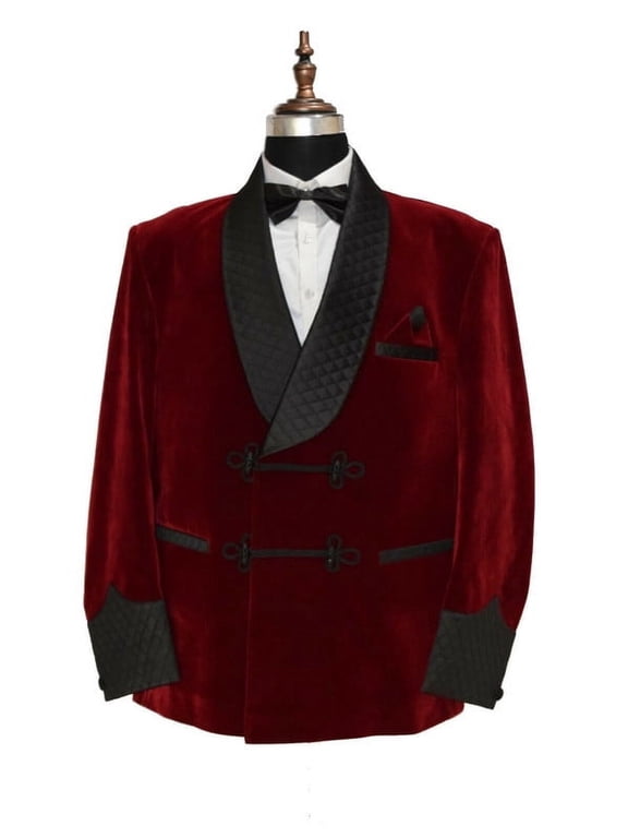 Mens Quilted Red Velvet Smoking Jacket Perfect for Evening Hosting & Special Events